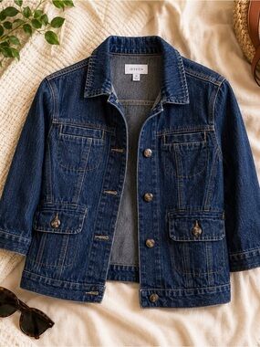Vintage Style Dark Wash Longline Denim Jacket Utility Pocket Coat Size 14